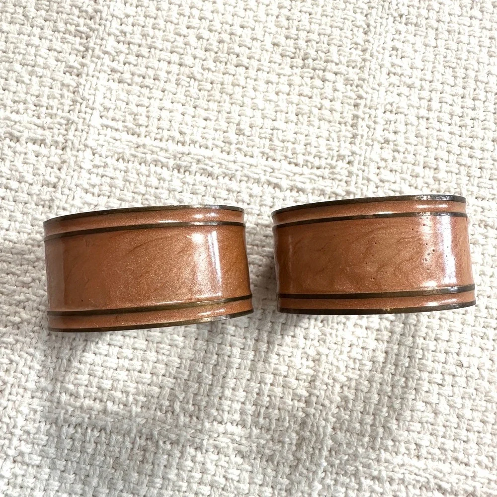 VTG Napkin Rings Set 2 Peach Marbled Enamel Brass Made In India‎ Boho MCM Decor